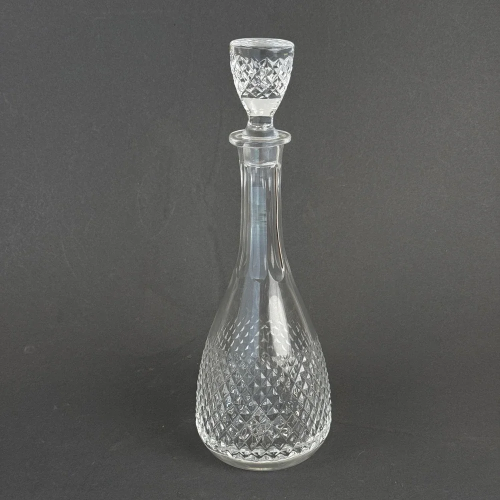 Vintage Pressed Glass Decanter with Stopper Diamond Pattern Star Base 13.5